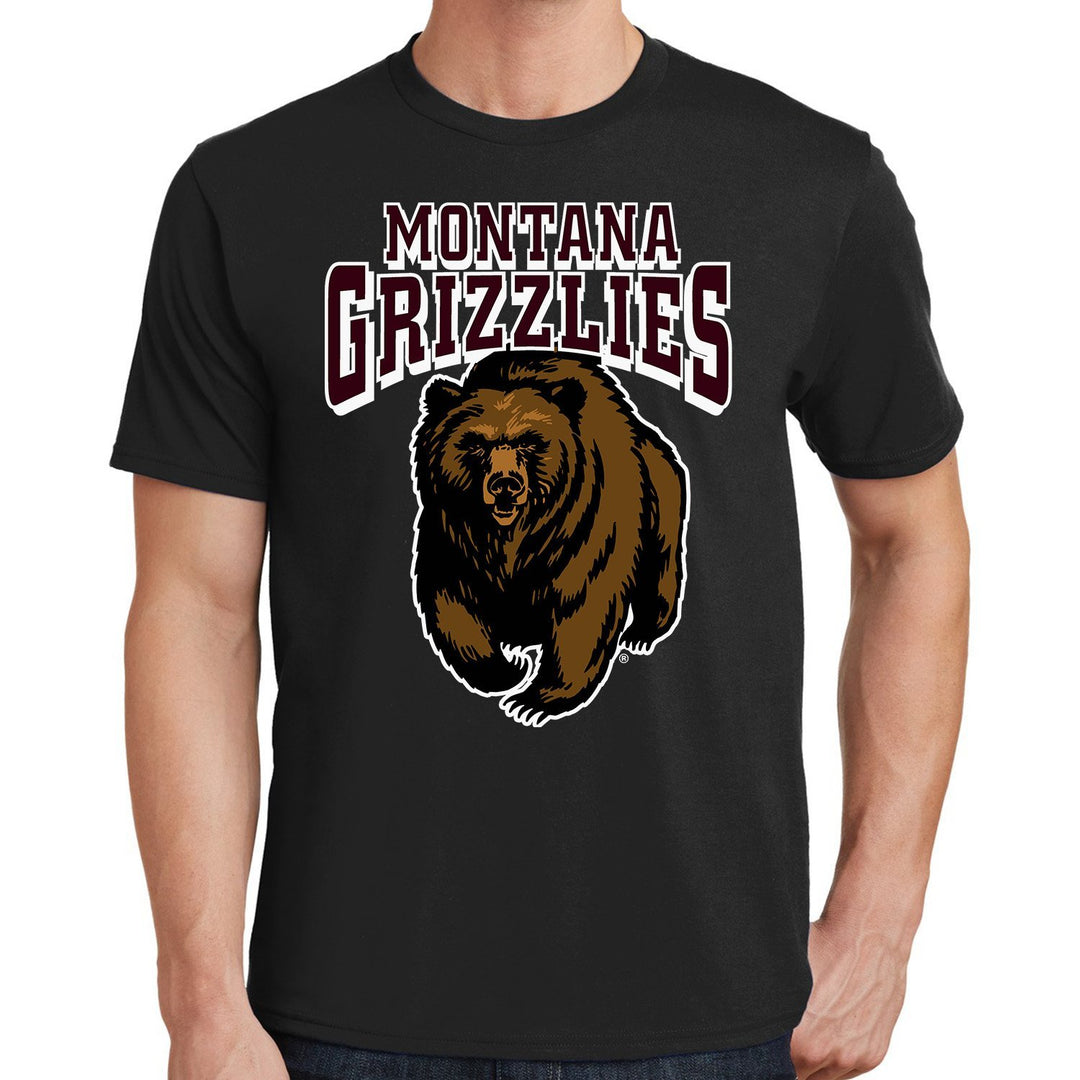 Black Montana Grizzlies Charging Bear - Fan Favorite Cotton T-shirt made in Missoula, MT (home of the UM Grizzlies) by Blue Peak Creative—a black, 100% cotton tee printed with the classic University of MT charging bear design