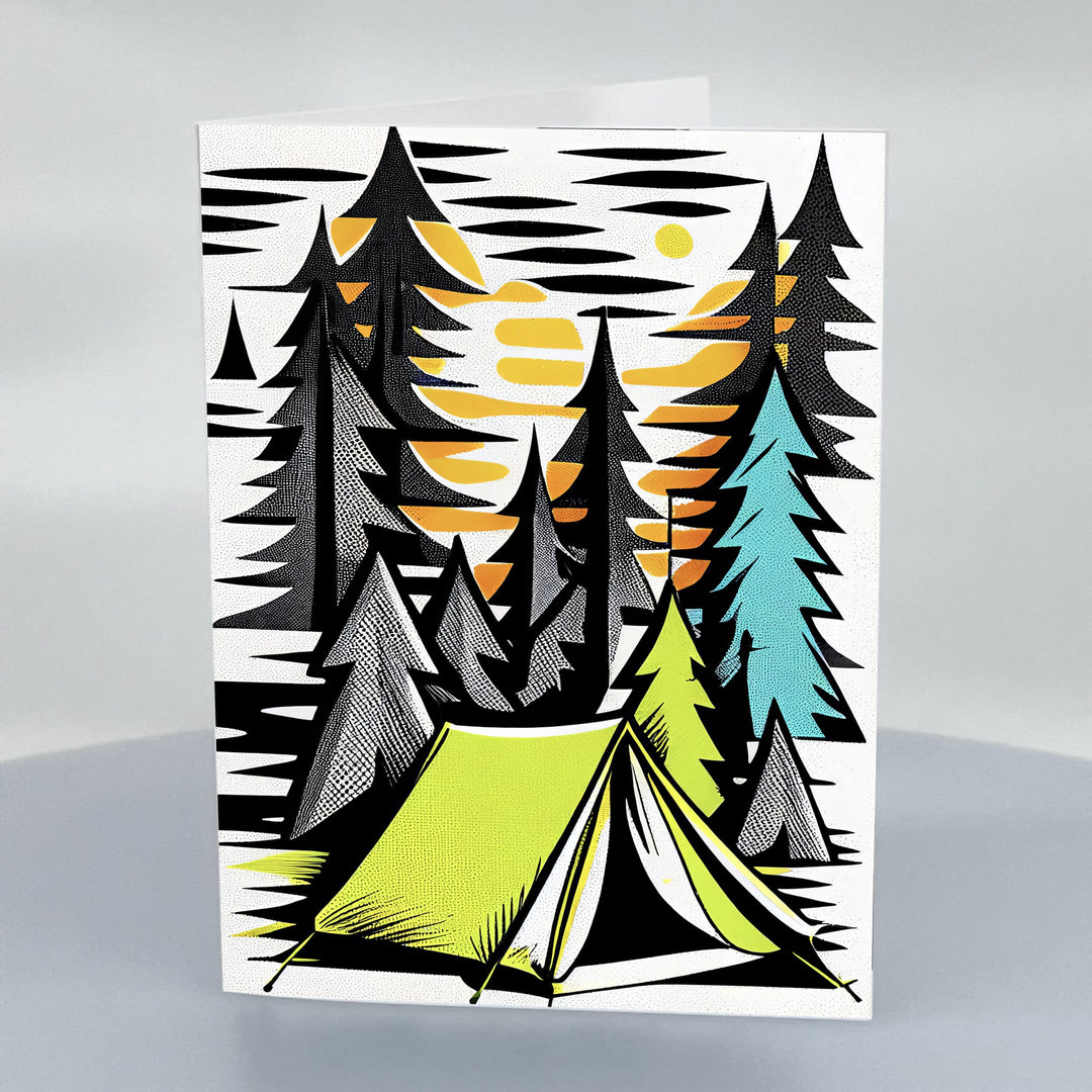 Lovely Forest Camp blank 5x7 Greeting Card with Envelope by Blue Peak Creative Montana, designed and printed in Missoula, Montana, USA; blank on the inside, printed on high-quality card stock, and paired with an envelope