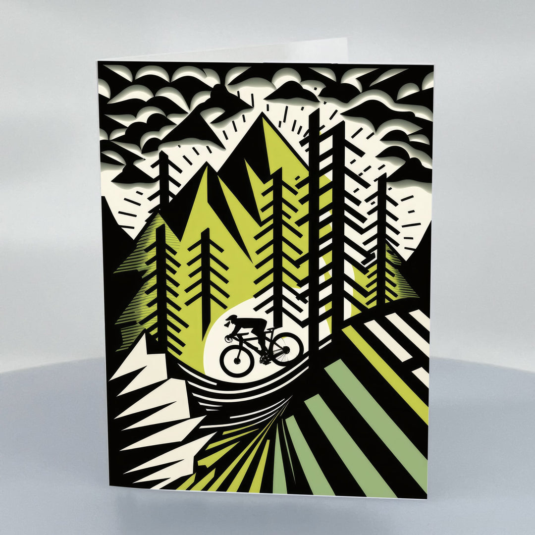 Wild Woods Biking blank 5x7 Greeting Card with Envelope by Blue Peak Creative Montana, designed and printed in Missoula, Montana, USA; blank on the inside, printed on high-quality card stock, and paired with an envelope