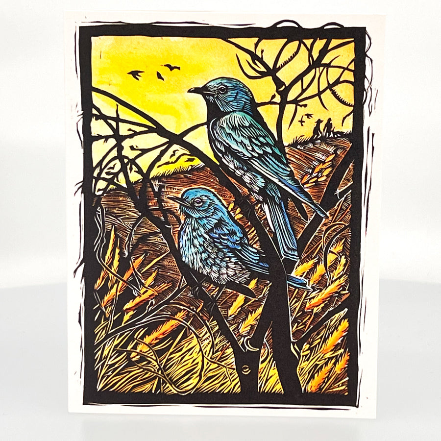 Bluebirds: Awakening The Spring Greeting Card--a reproduction of one of Claire Emery’s original woodcut prints, made in Montana, USA