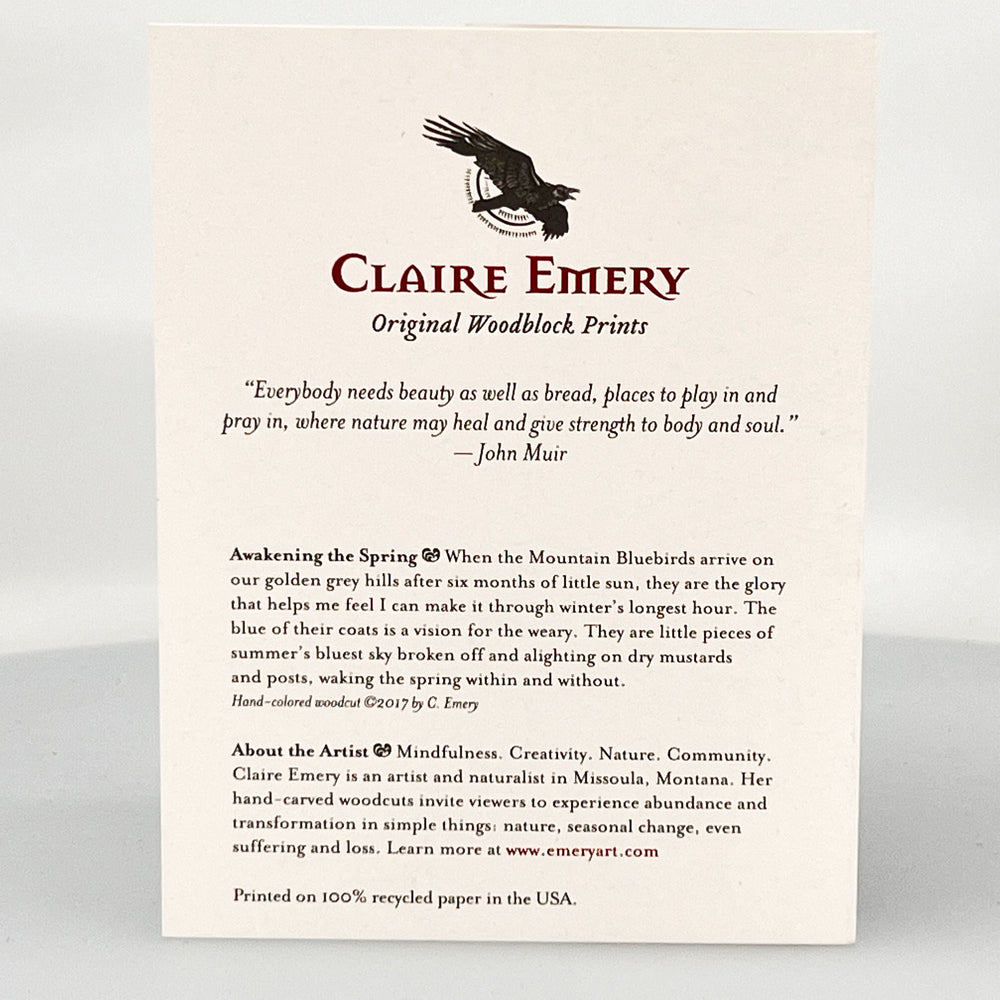 Bluebirds: Awakening The Spring Greeting Card--a reproduction of one of Claire Emery’s original woodcut prints, made in Montana, USA