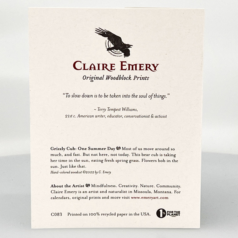 Grizzly Cub: One Summer Day Greeting Card--a reproduction of one of Claire Emery’s original woodcut prints, made in Montana, USA