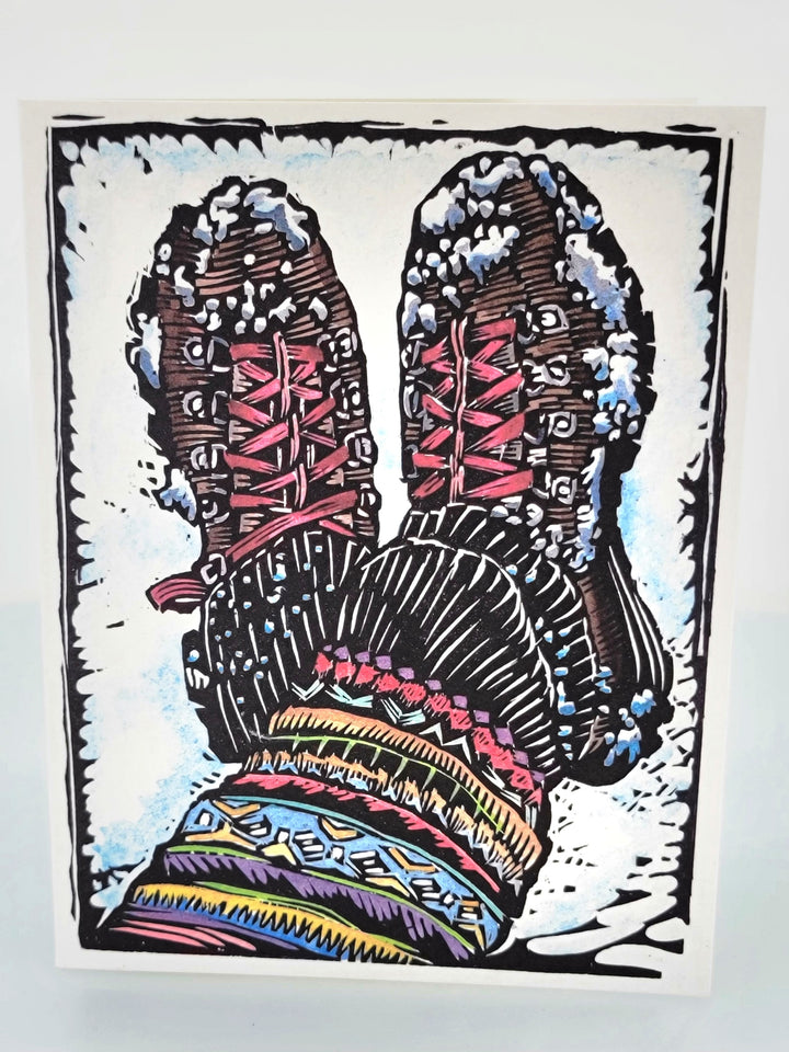 Hiking Boots Greeting Card--a reproduction of one of Claire Emery’s original woodcut prints, made in Montana, USA