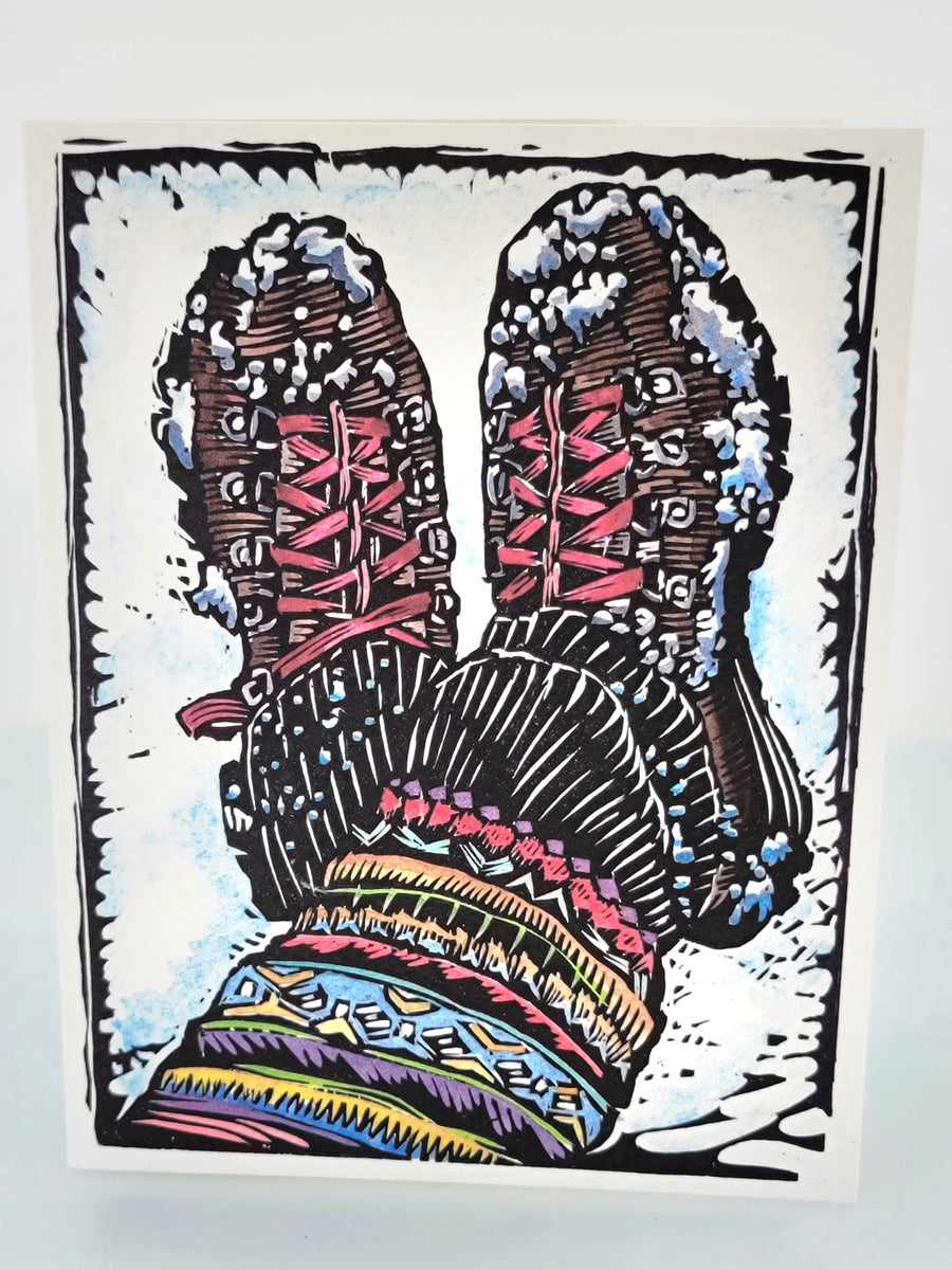 Hiking Boots Greeting Card--a reproduction of one of Claire Emery’s original woodcut prints, made in Montana, USA