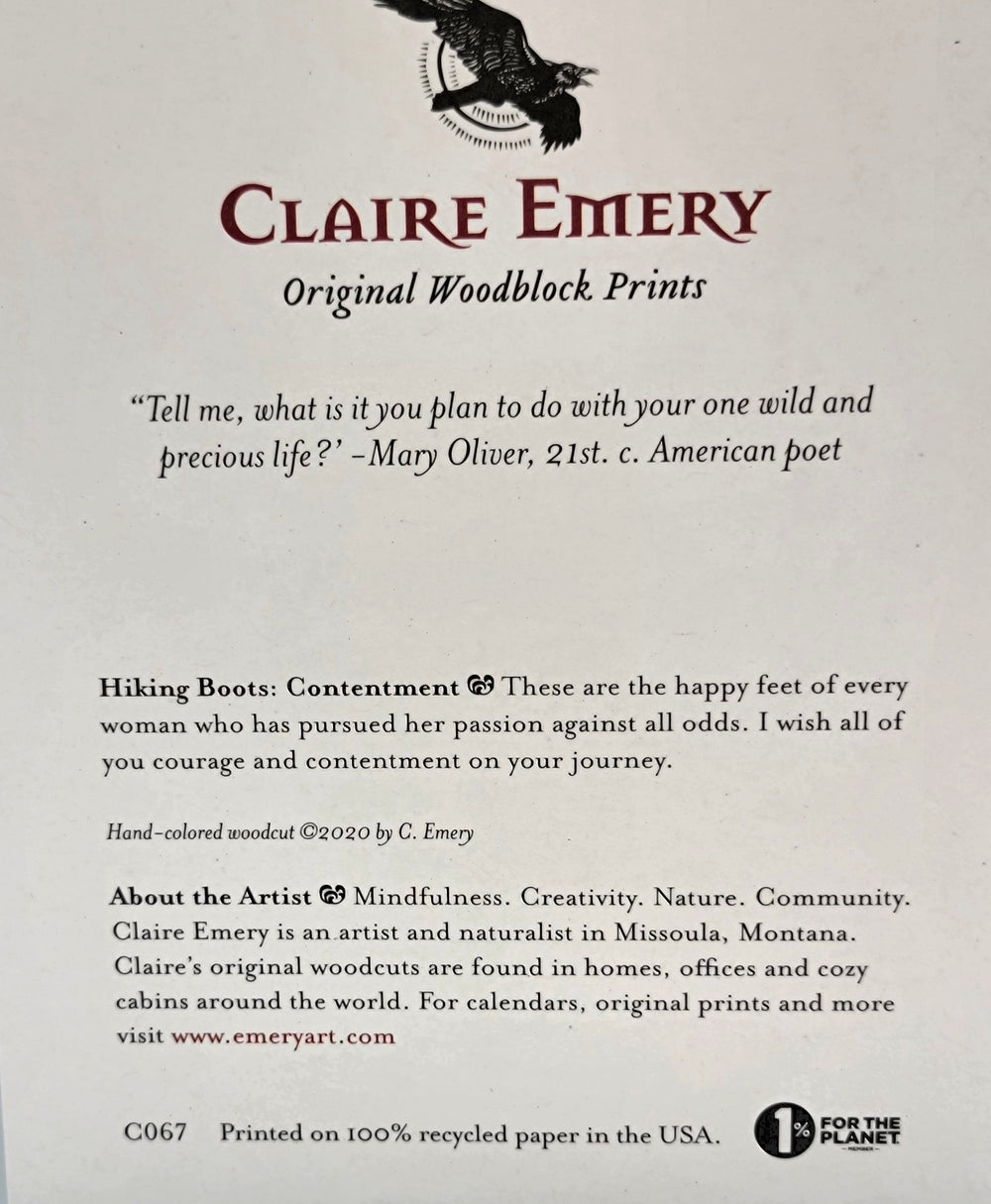 Hiking Boots Greeting Card--a reproduction of one of Claire Emery’s original woodcut prints, made in Montana, USA