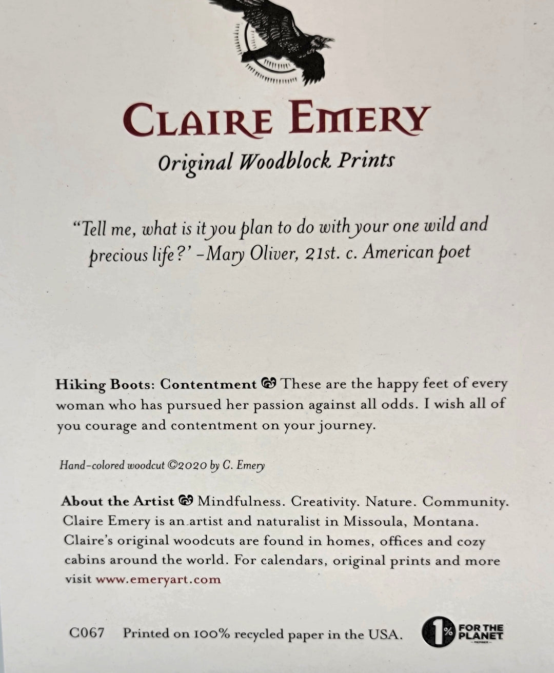 Hiking Boots Greeting Card--a reproduction of one of Claire Emery’s original woodcut prints, made in Montana, USA