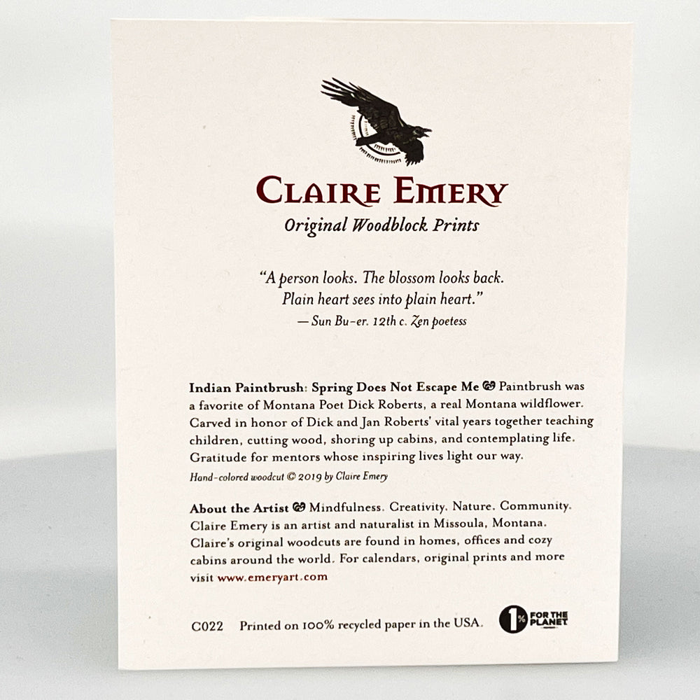 Indian Paintbrush: Spring Does Not Escape Me Greeting Card--a reproduction of one of Claire Emery’s original woodcut prints, made in Montana, USA