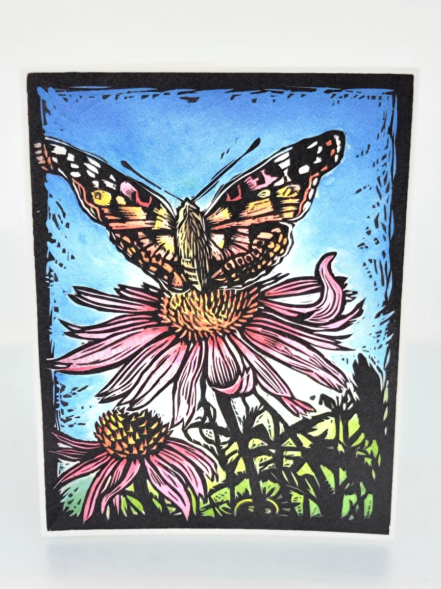 Painted Lady Butterfly and Echinacea Greeting Card--a reproduction of one of Claire Emery’s original woodcut prints, made in Montana, USA