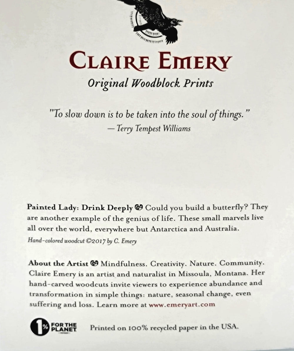 Painted Lady Butterfly and Echinacea Greeting Card--a reproduction of one of Claire Emery’s original woodcut prints, made in Montana, USA