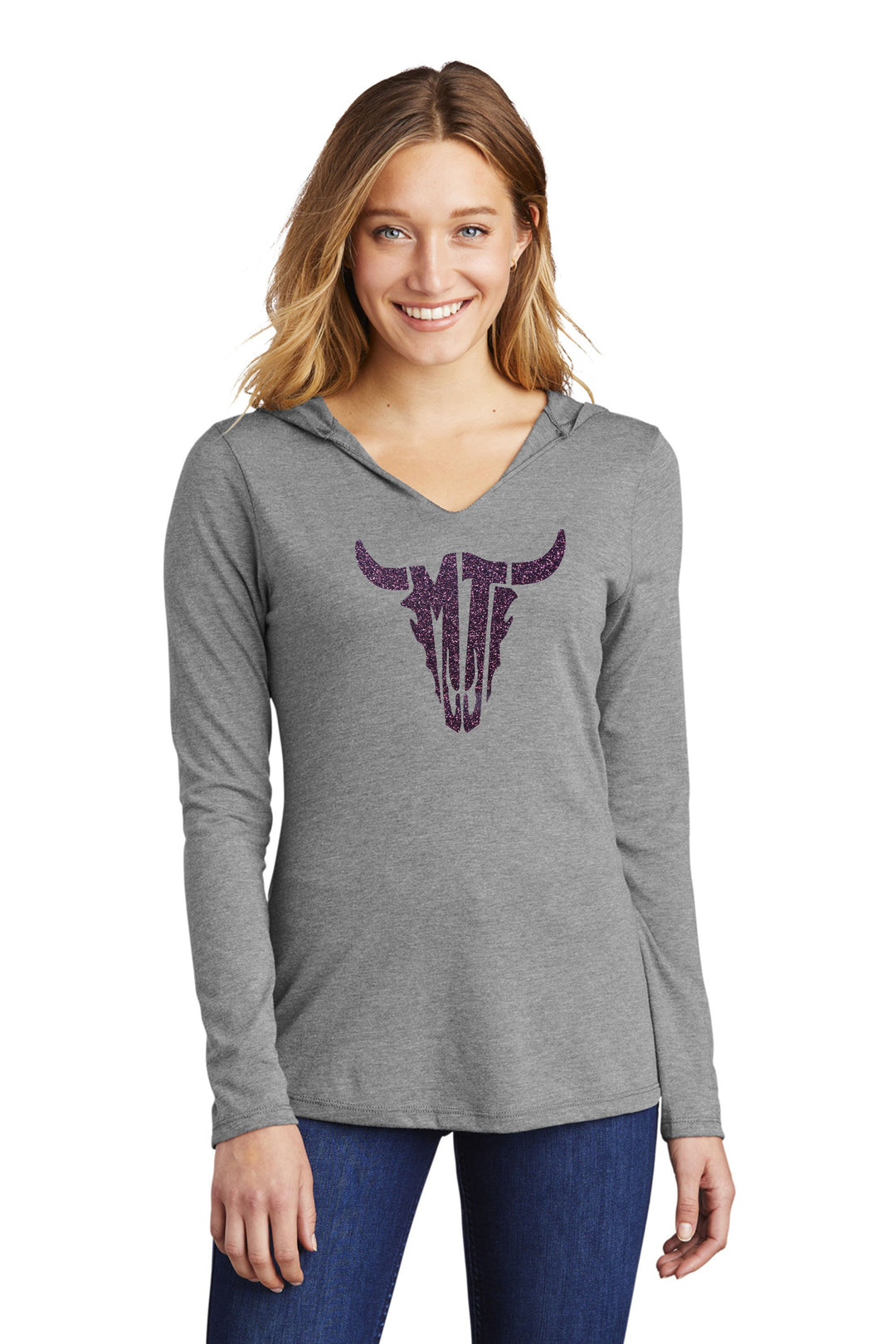 Grey Frost w/Purple Glitter MT Steer Skull Ladies Tri-Blend Long Sleeve Hoodie
