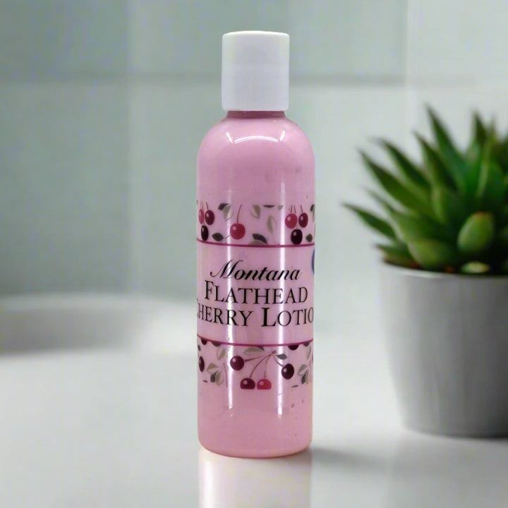 A 4oz bottle of Montana Flathead Cherry lotion, luxury lotion made in Montana.