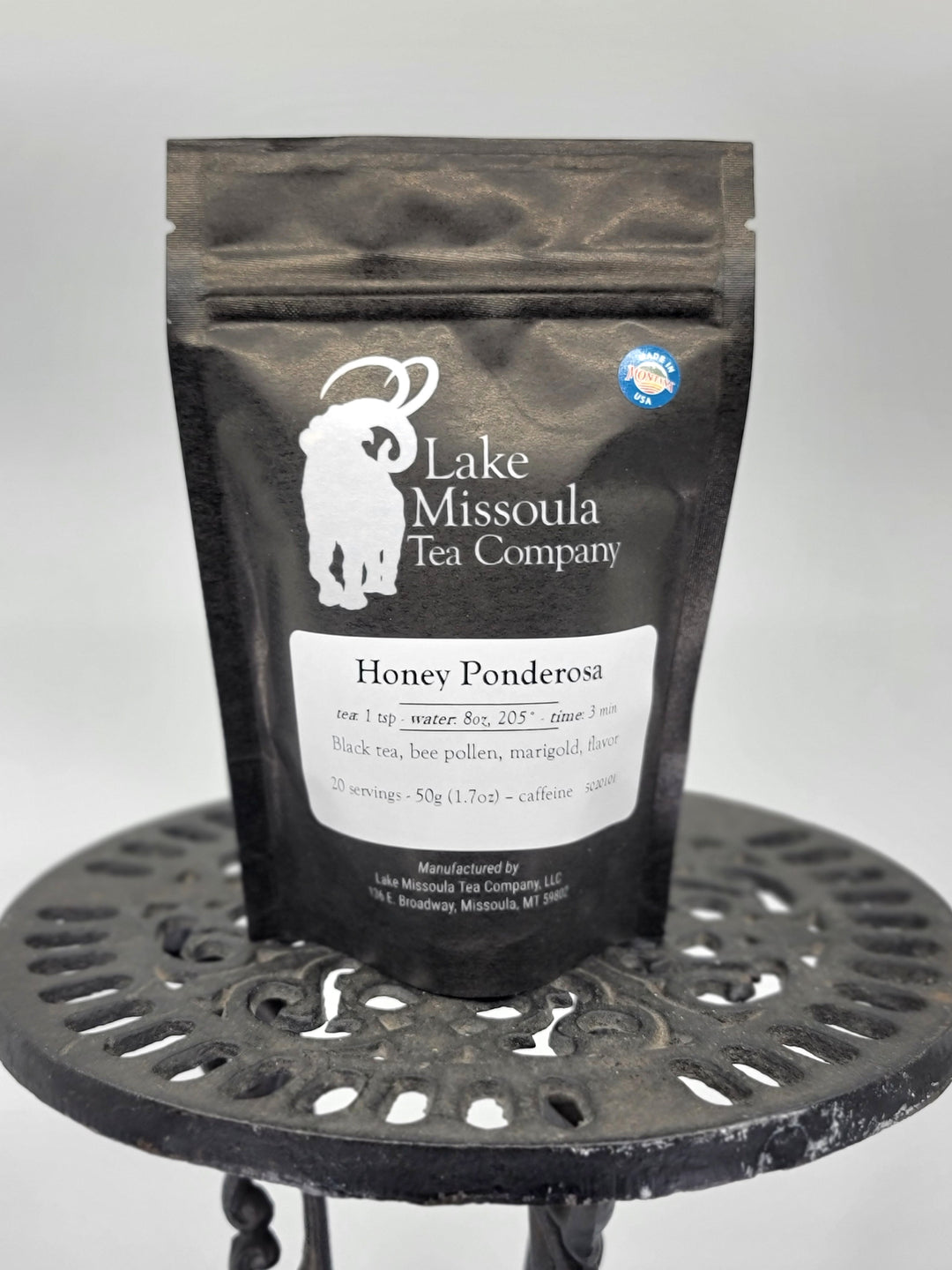 Honey Ponderosa Tea from Lake Missoula Tea Company—the perfect gift of Montana tea; image depicts the front of the bag