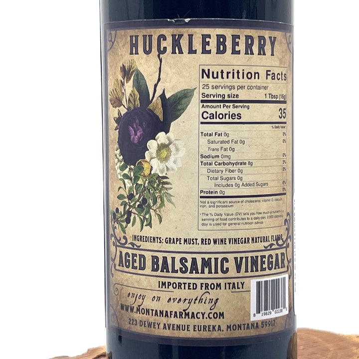 375 ml bottle of Montana Huckleberry Dark Aged Balsamic Vinegar, made in Montana by Montana Pharmacy