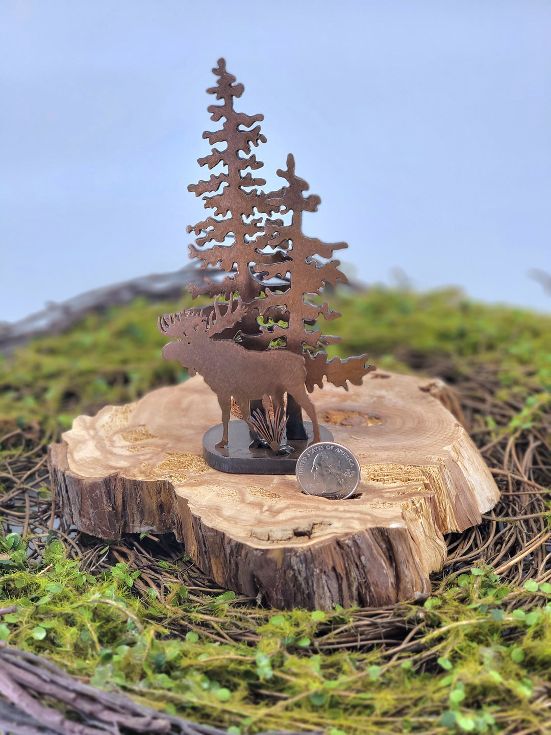 Mini Moose in Trees Metal Sculptures