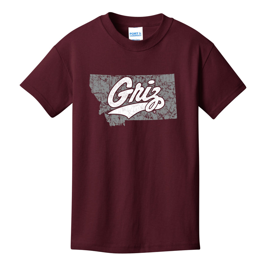 Blue Peaks Creative's maroon Youth Core Cotton Tee with the Distressed Montana Griz Script design