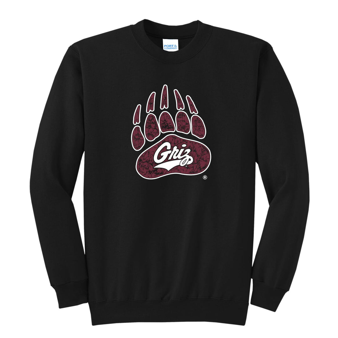 A black crew neck sweatshirt printed with a maroon griz paw and a white university of montana griz script