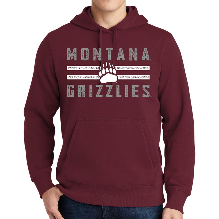 Blue Peak Creative's maroon Core Fleece Pullover Hoodie with the Montana Griz Lines and Paw in grey and white
