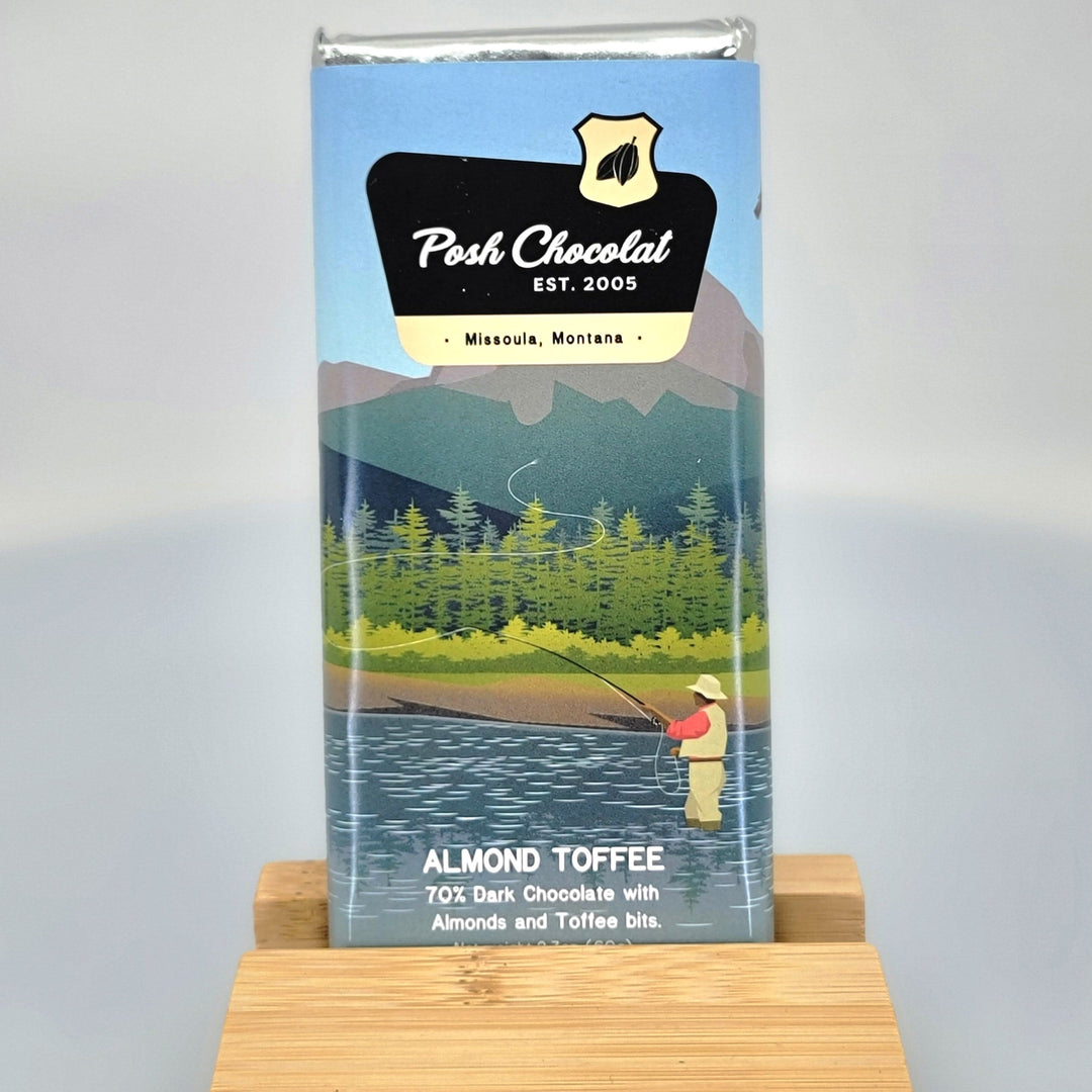 Posh Chocolat's Almond Toffee Dark Chocolate Bar, small batch artisanal chocolate made in Missoula, Montana