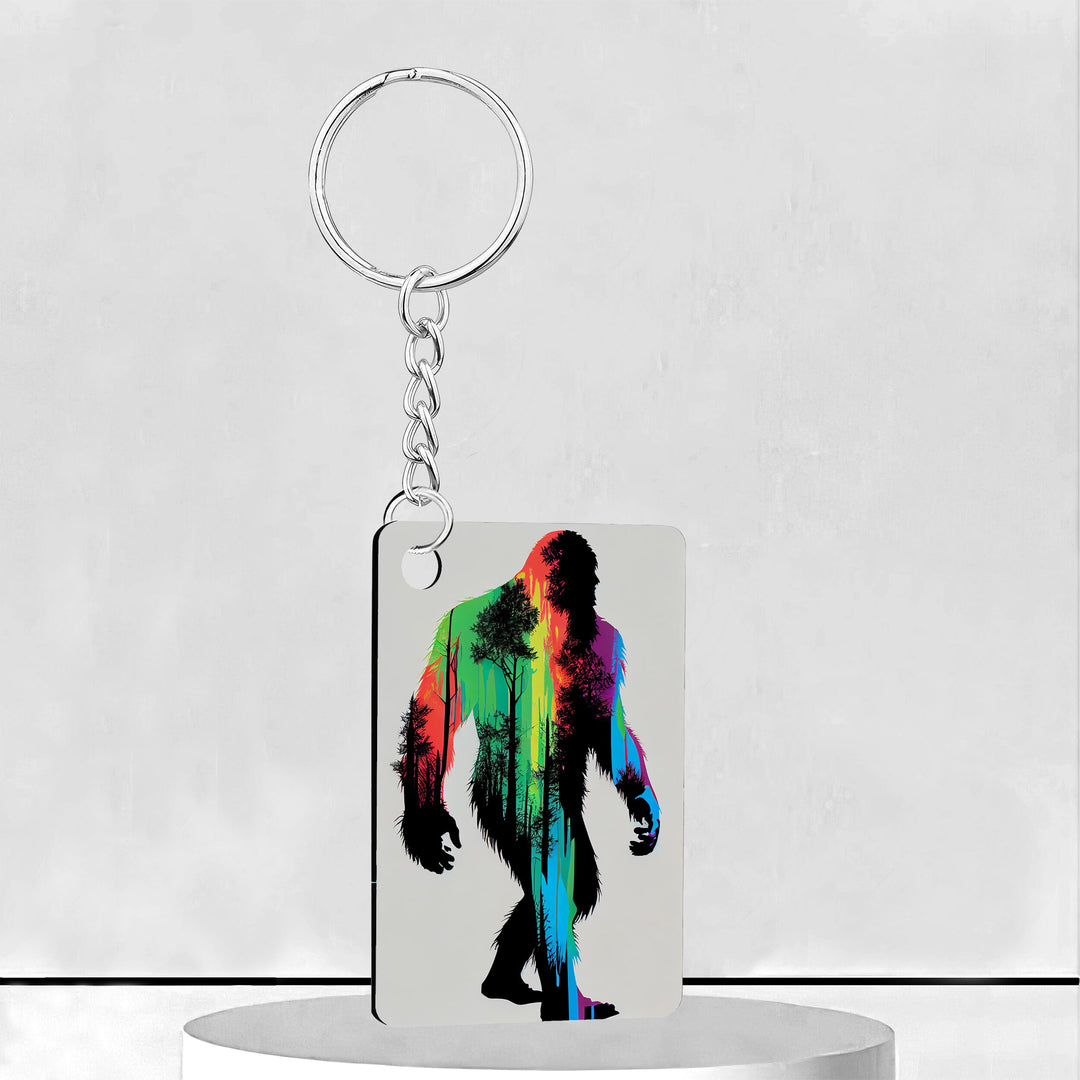 Bigfoot Rainbow Paint Forest Rectangle Keychain