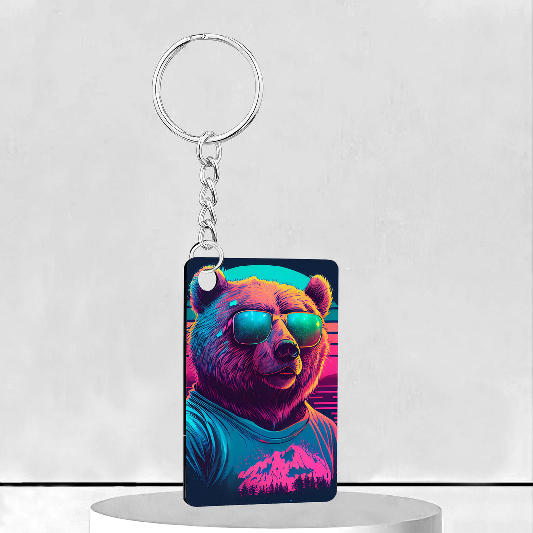Bear Wearing Sunglasses Vaporwave Rectangle Keychain