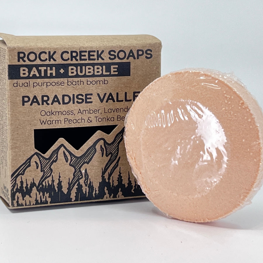 Paradise Valley Bath Bomb & Bubbles - Oakmoss, Amber, Lavender, Warm Peach, and Tonka Beans - handcrafted bath bomb made in Montana by Rock Creek Soaps