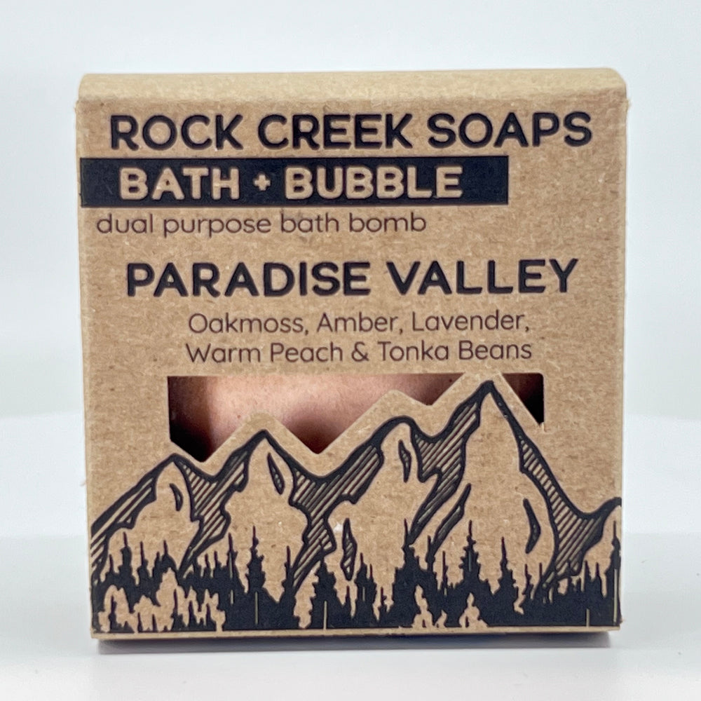 Paradise Valley Bath Bomb & Bubbles - Oakmoss, Amber, Lavender, Warm Peach, and Tonka Beans - handcrafted bath bomb made in Montana by Rock Creek Soaps