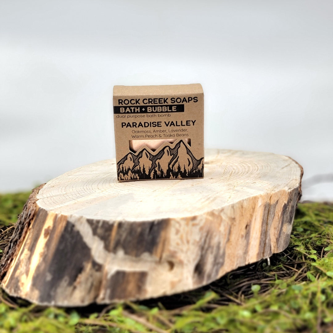Paradise Valley Bath Bomb & Bubbles - Oakmoss, Amber, Lavender, Warm Peach, and Tonka Beans - handcrafted bath bomb made in Montana by Rock Creek Soaps
