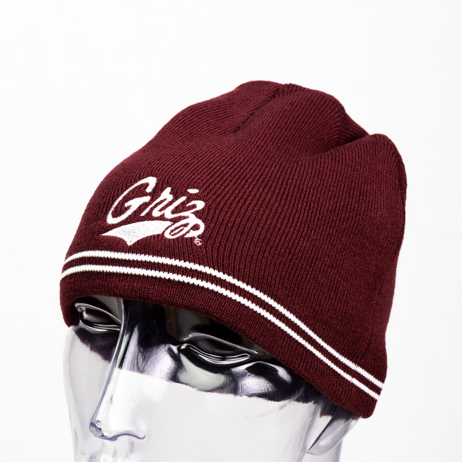 Blue Peaks Creative's maroon and white Spectator Beanie embroidered with the Griz Script design in white