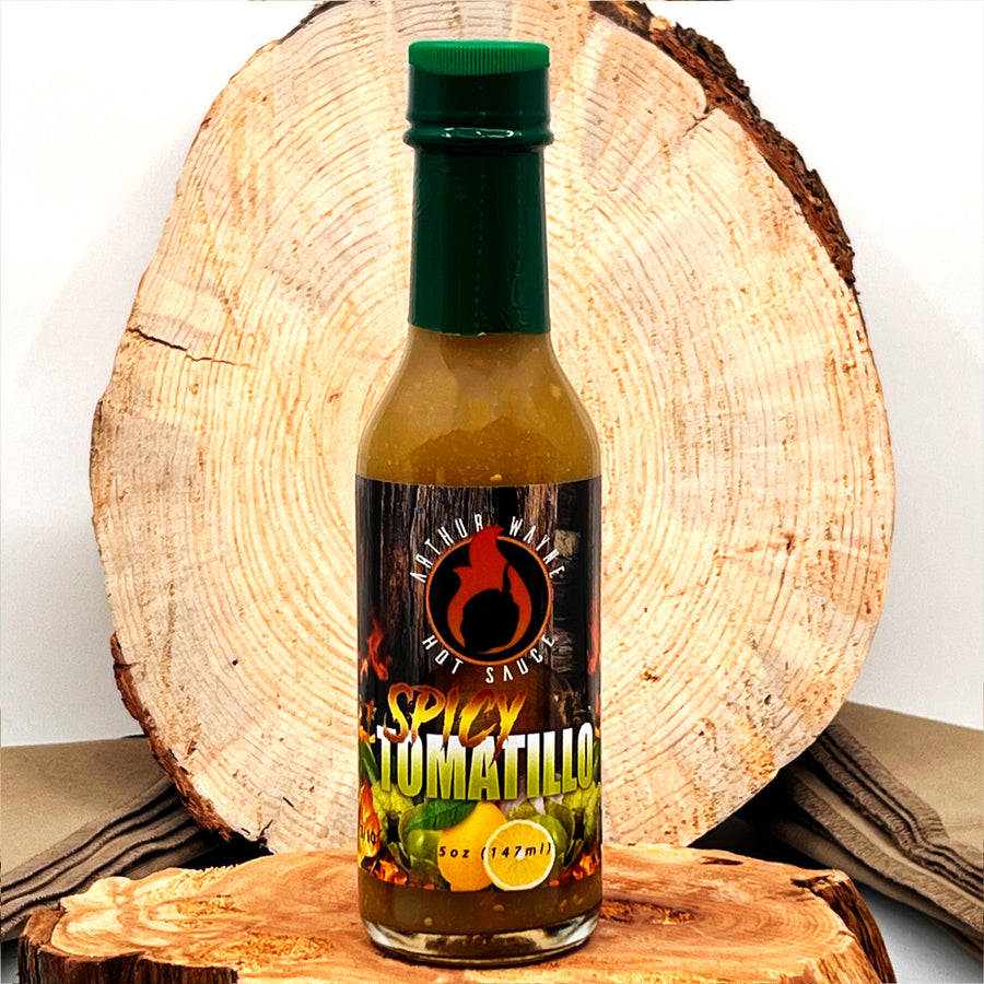 5 oz. bottle of Spicy Tomatillo Hot Sauce, with tomatillos and jalapenos, made in Montana by Arthur Wayne Hot Sauce