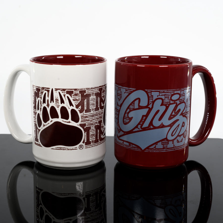 Blue Peaks Creative's Coffee Mug with the Griz Script and Paw Wrap design