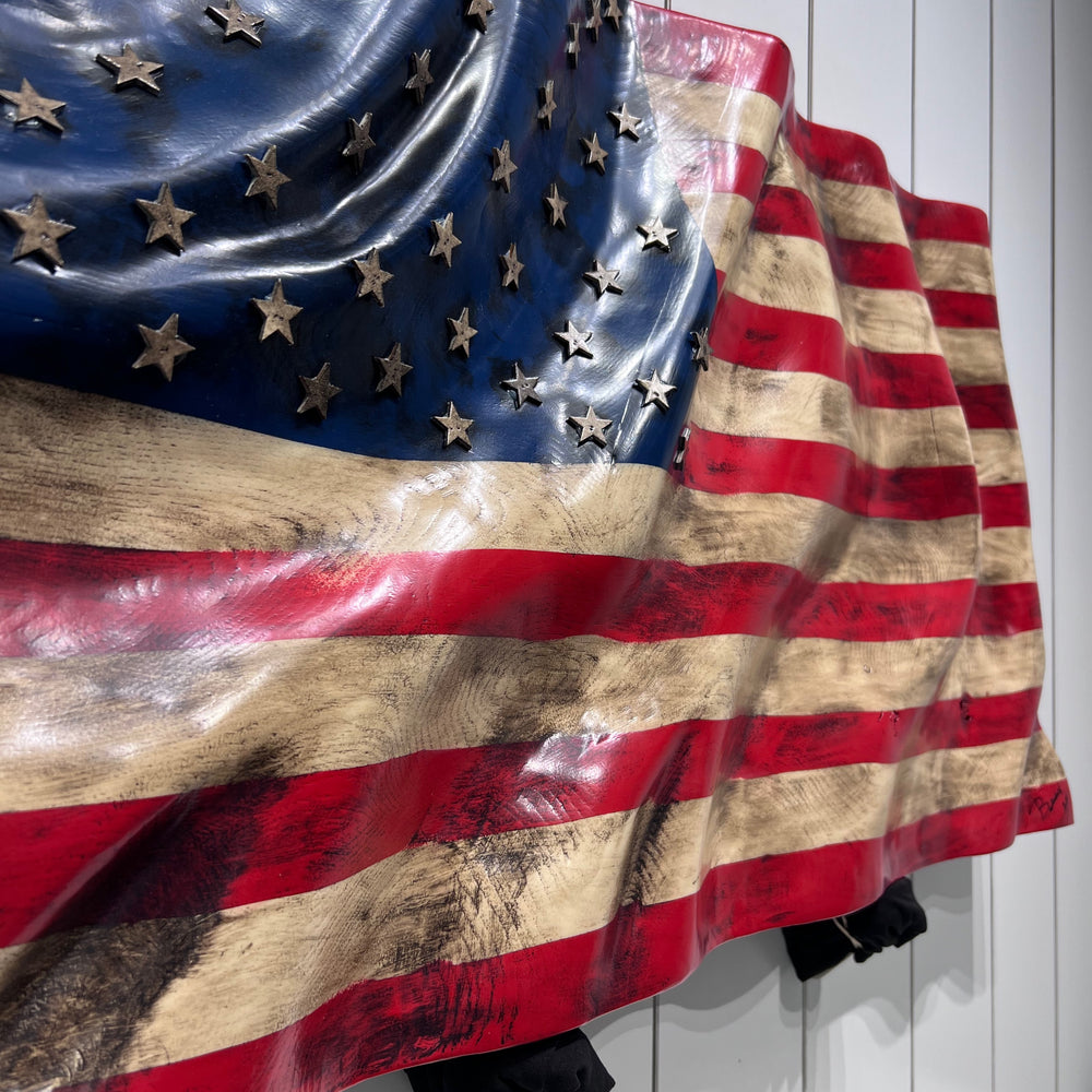 Hand carved solid oak American Flag--original art made in Montana, USA by White Dog Wood Shop