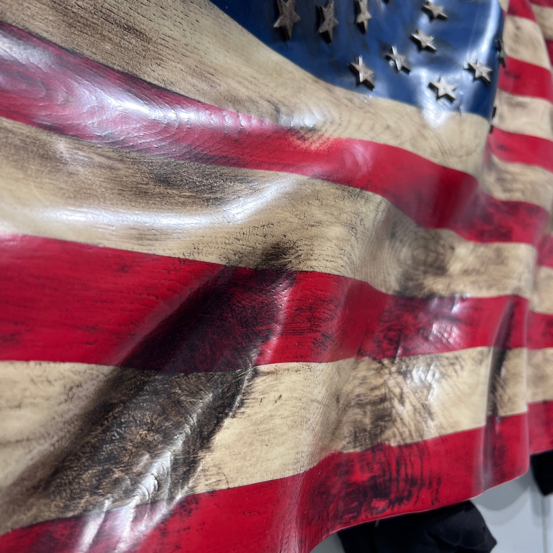 Hand carved solid oak American Flag--original art made in Montana, USA by White Dog Wood Shop