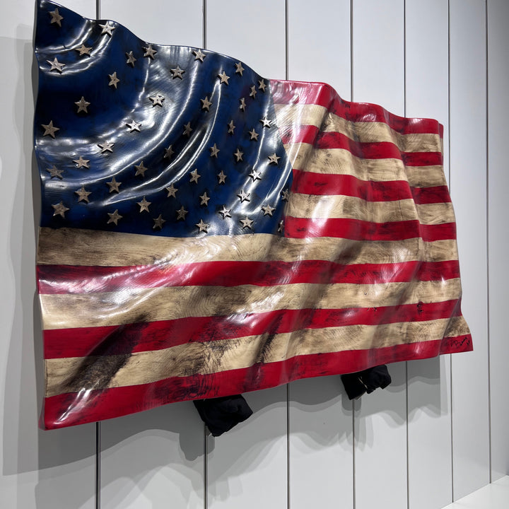 Hand carved solid oak American Flag--original art made in Montana, USA by White Dog Wood Shop