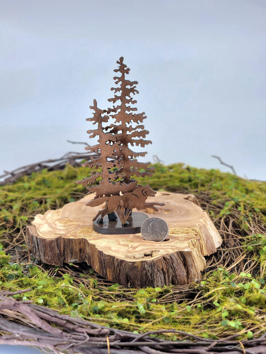 Mini Wolf in Trees Metal Sculpture