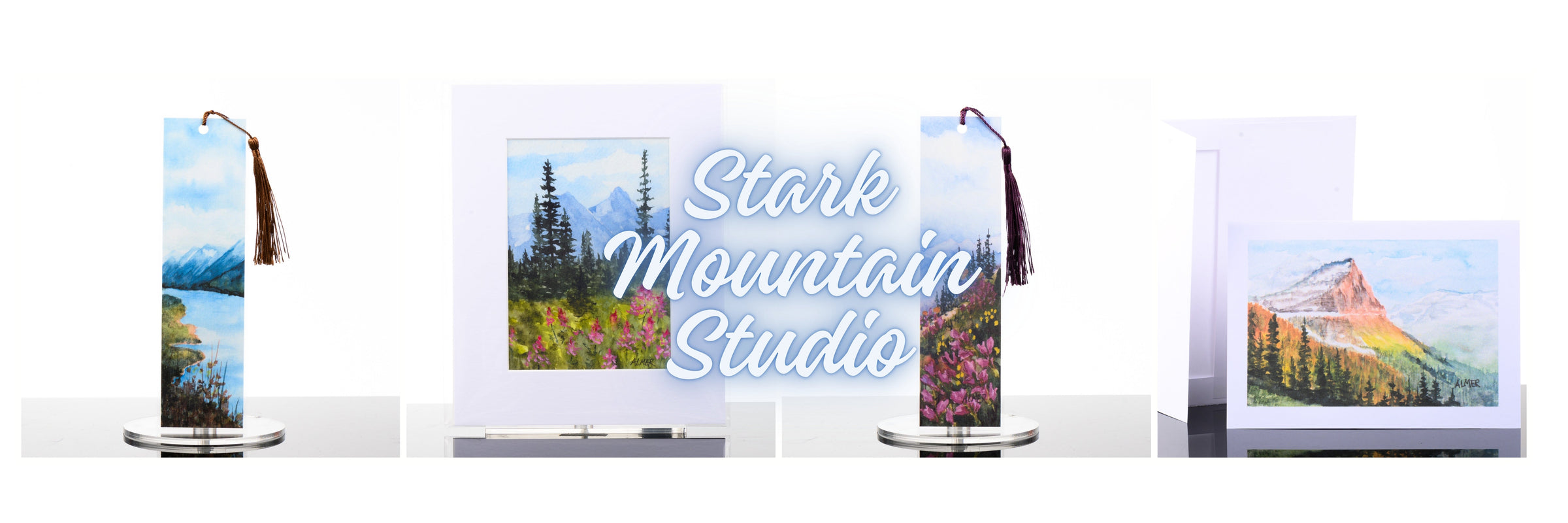 A picture of two bookmarks, one print and one card watercolor painted by Bobbe Almer of Stark Mountain Studio