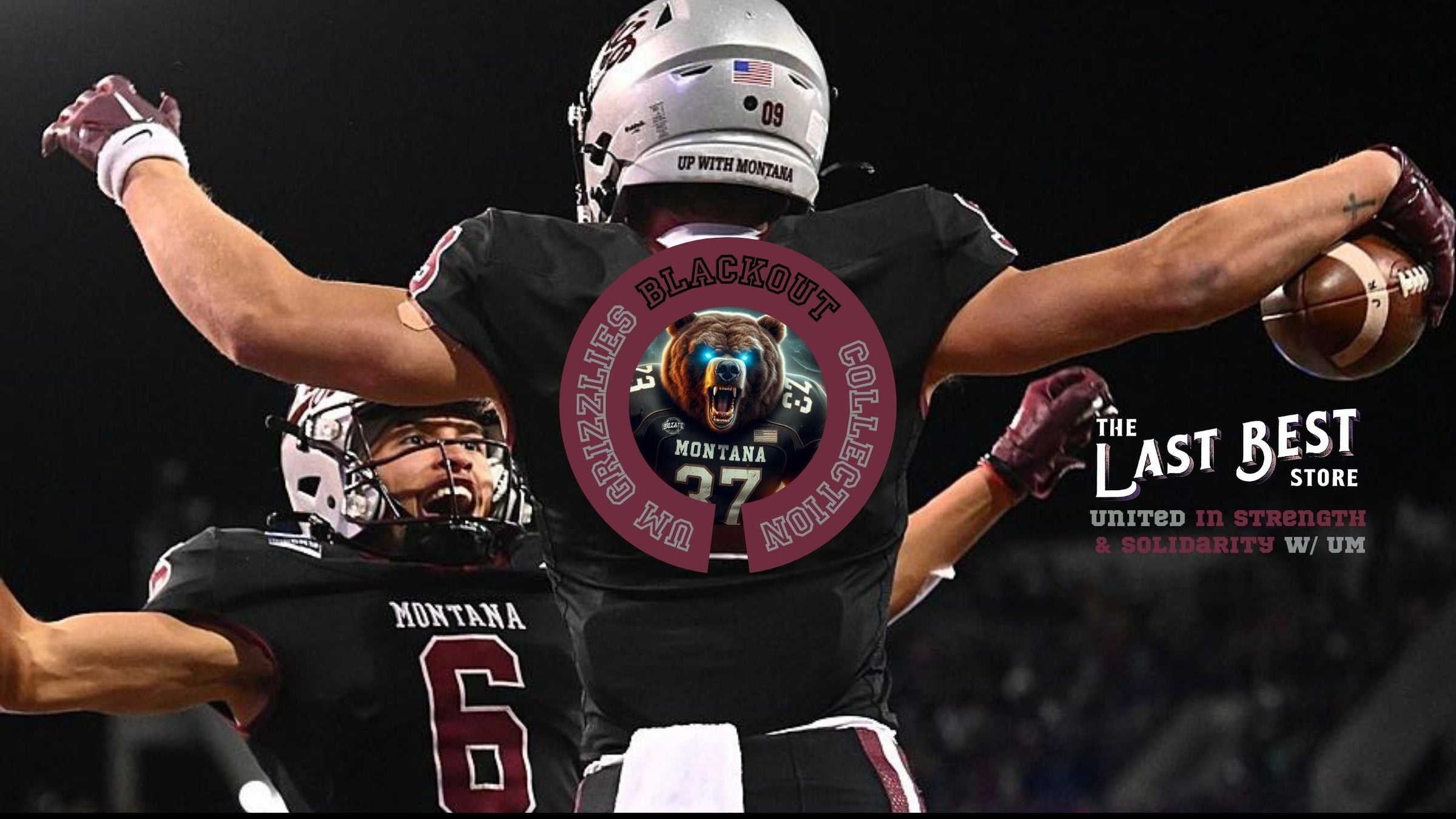 "UM Grizzlies Blackout Collection" and a bear in a black football uniform, superimposed over two UM football players