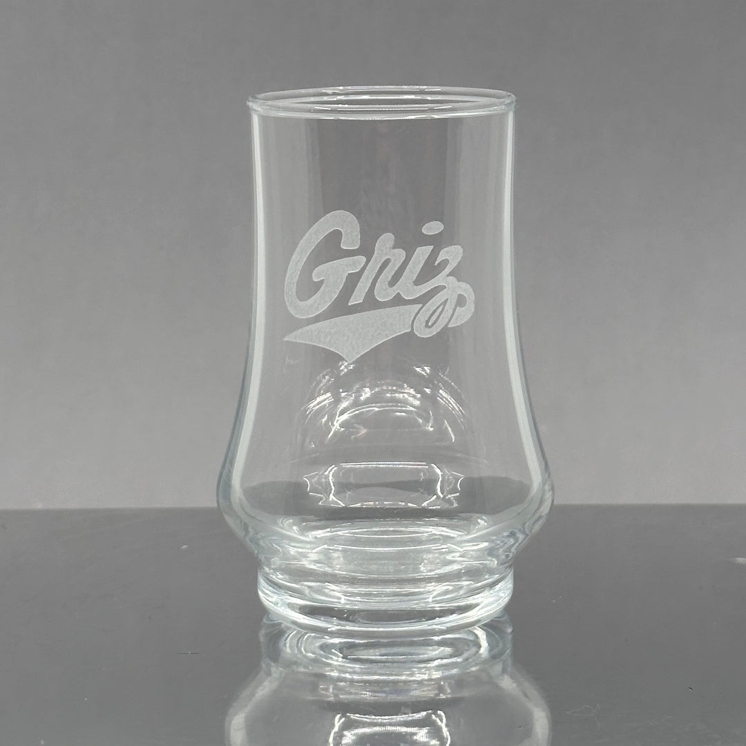 Blue Peaks Creative's 5.75 oz. glass  Kenzie Whiskey Tasters, sand carved with the Griz Script design