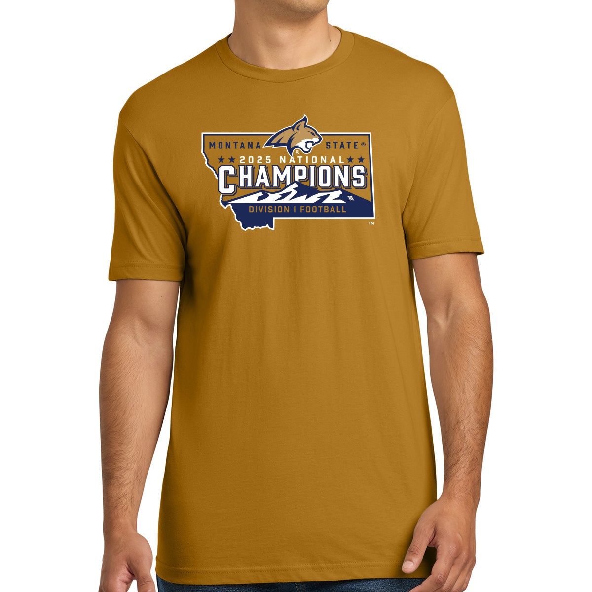 Gold t-shirt with 'Montana State 2025 National Champions' design on a white background Division 1 Football Championship Design