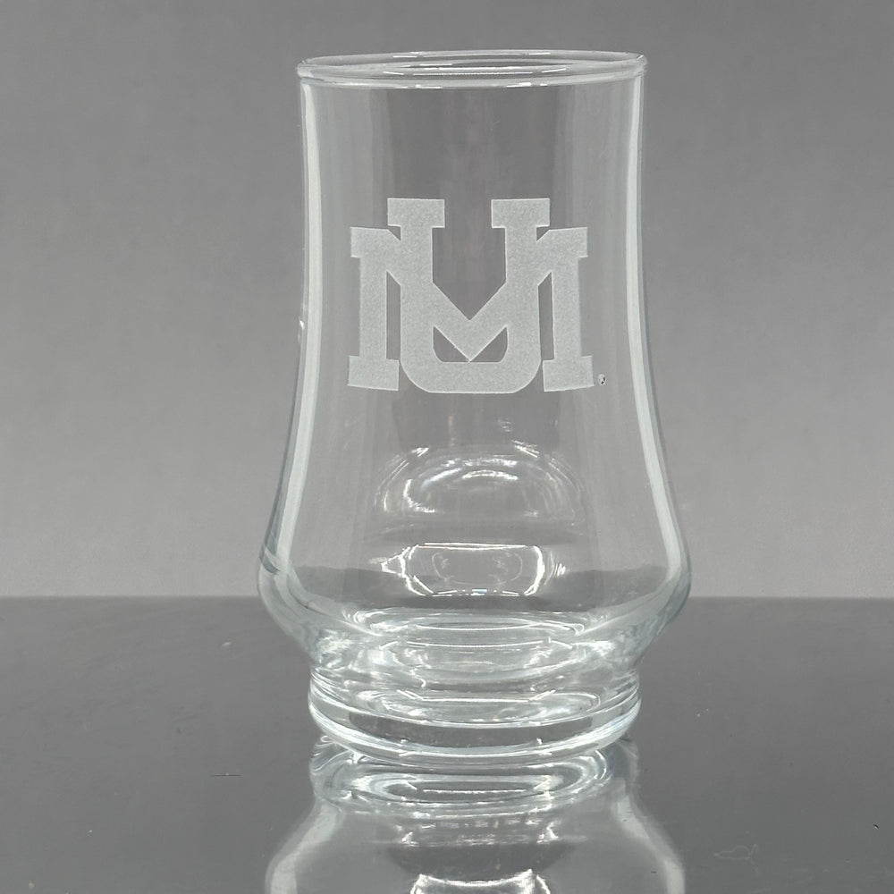 Blue Peaks Creative's 5.75 oz. glass  Kenzie Whiskey Tasters, sand carved with the UM design