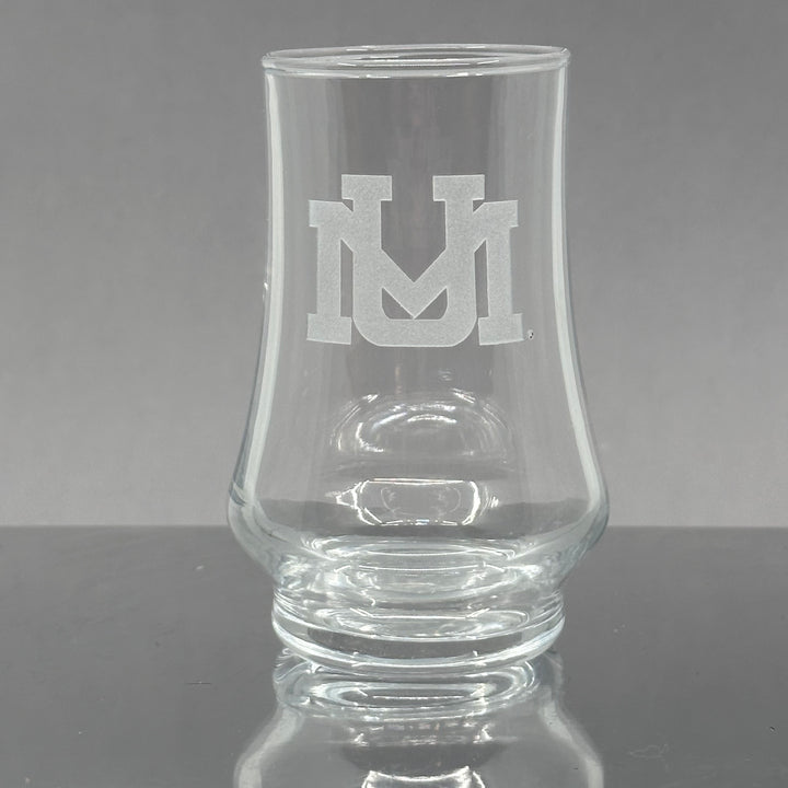 Blue Peaks Creative's 5.75 oz. glass  Kenzie Whiskey Tasters, sand carved with the UM design