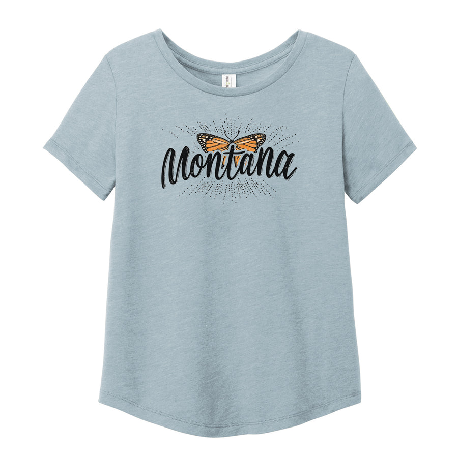 Light blue Ladies' Tri Scoop Neck T-shirt with Blue Peak Creative's orange Butterfly Montana design