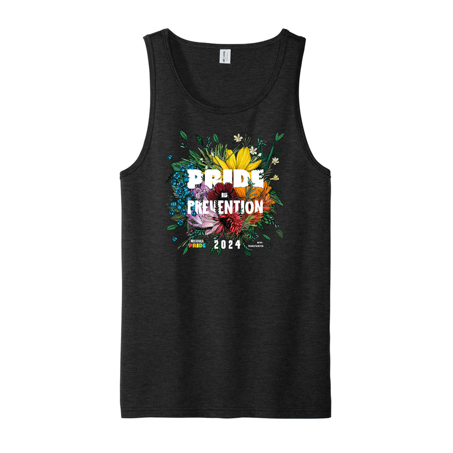 Black all-gender / unisex tank top featuring the 2024 Missoula PRIDE design Pride is Prevention, front