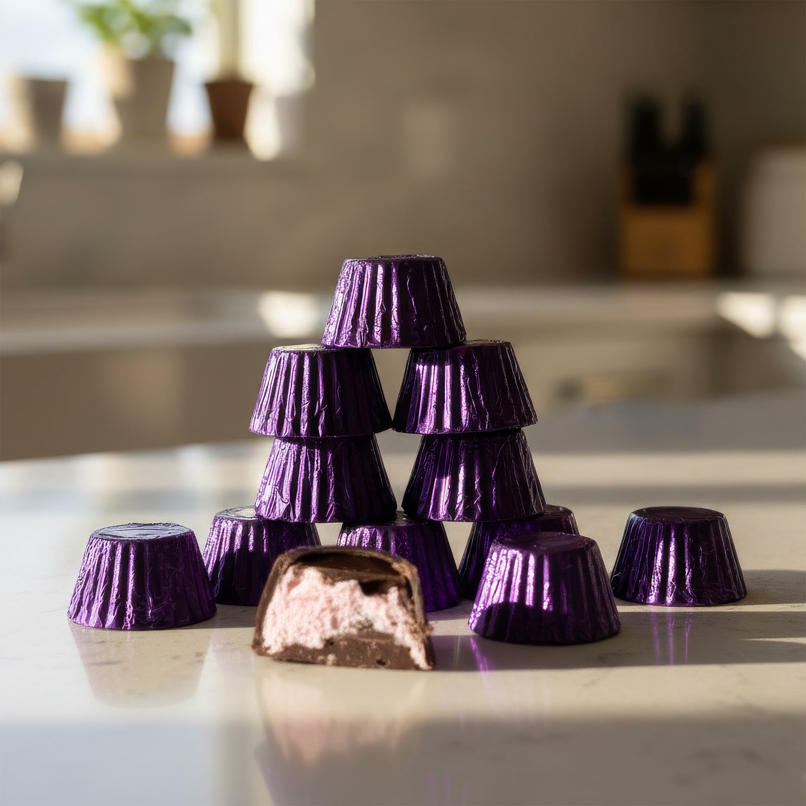 Alpine Valley Kitchen's Montana Made Huckleberry Marshmallow Creme Dark Chocolates on a table