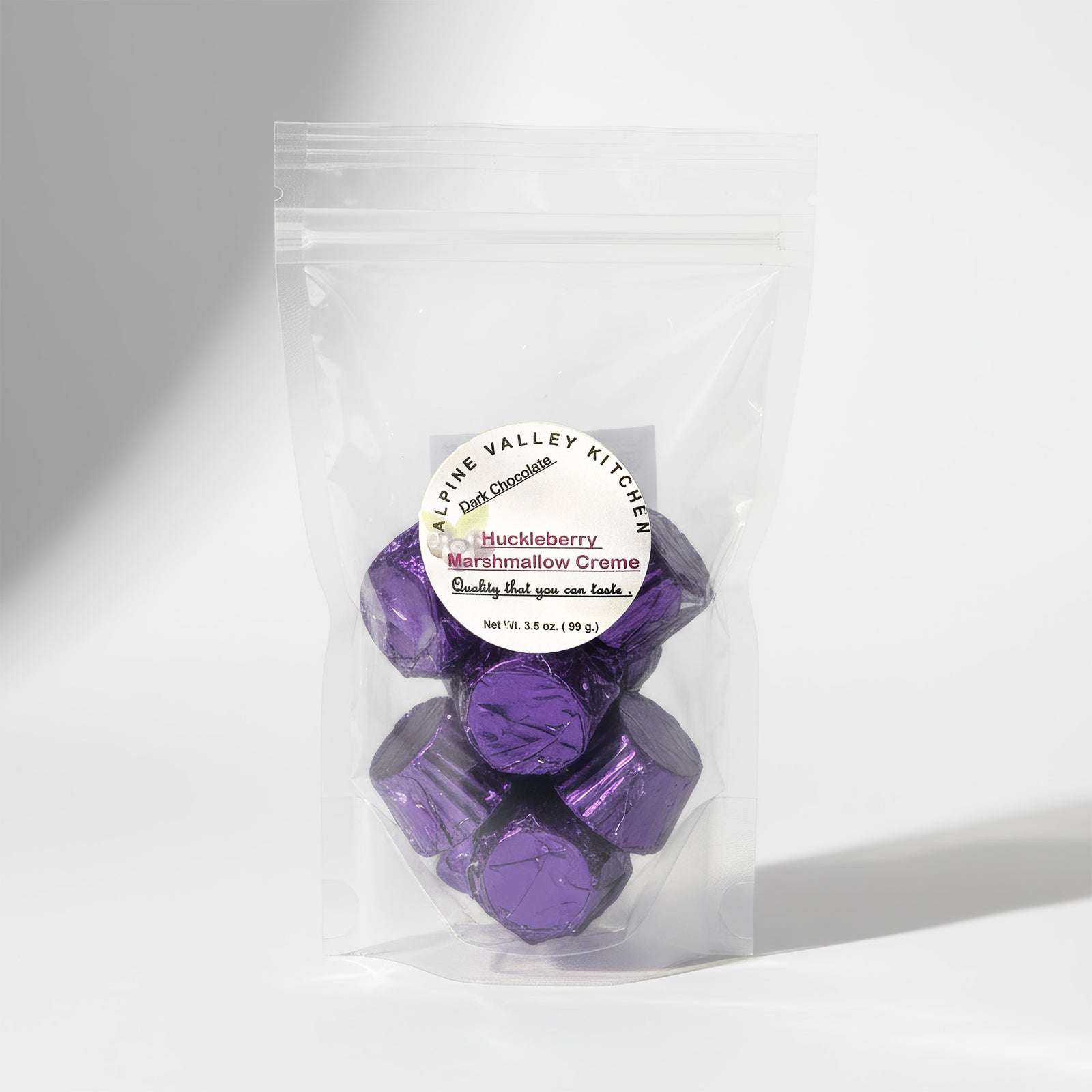 Alpine Valley Kitchen's Montana Made Huckleberry Marshmallow Creme Dark Chocolates. 