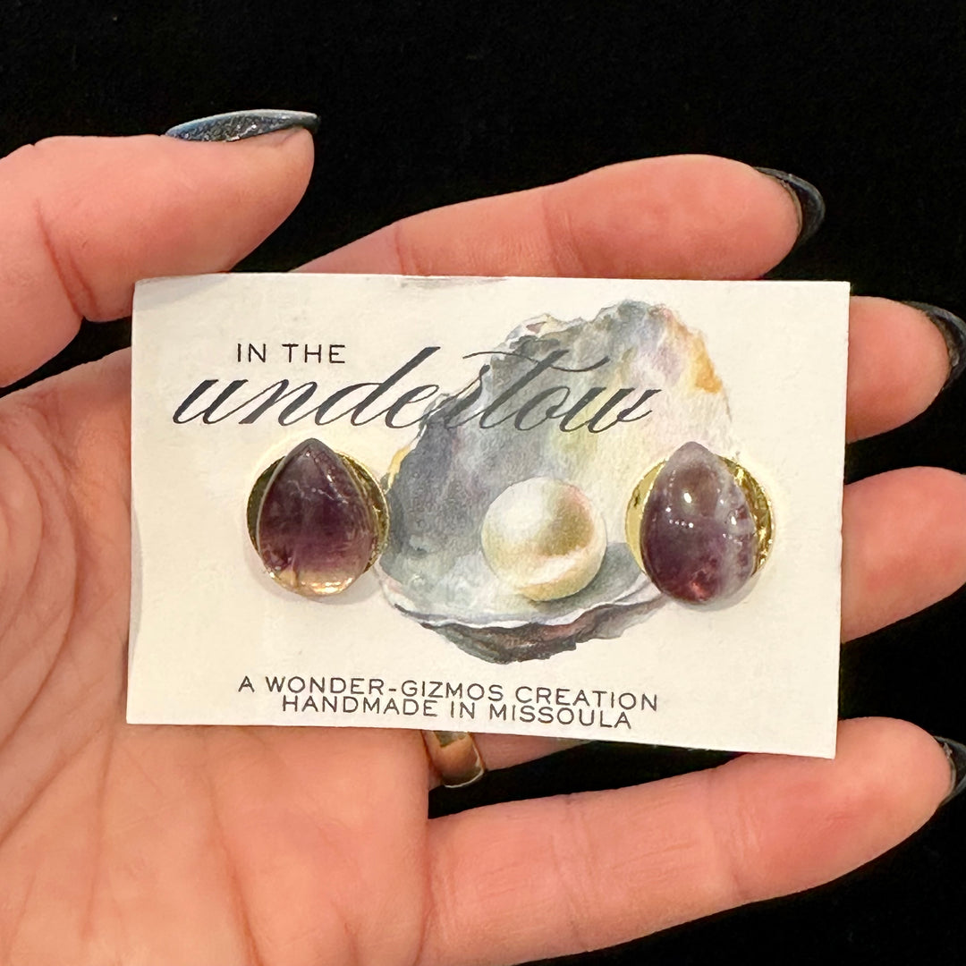 cuff link card with gold and amethyst cuff links that reads Handmade in Missoula