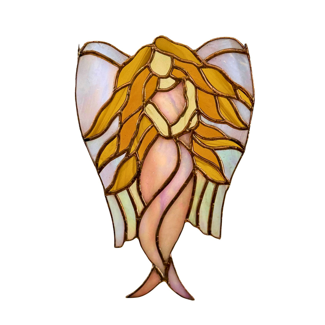 A stained glass angel with hair flowing made in Montana USA