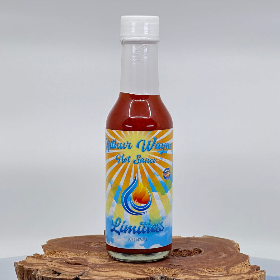 5 oz. Bottle of Limitless Hot Sauce, with Fresno, Scorpion, and Ghost Peppers, and Pineapple, made in Montana by Arthur Wayne Hot Sauce