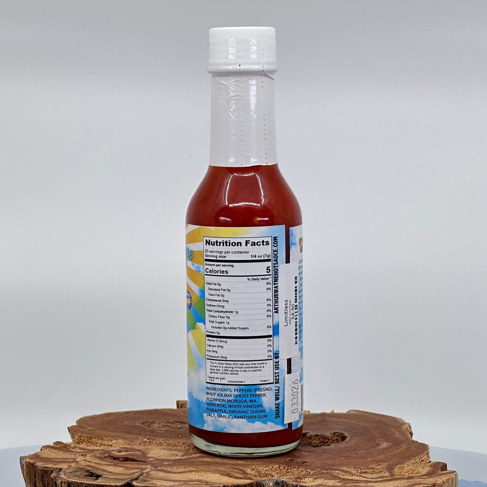 5 oz. Bottle of Limitless Hot Sauce, with Fresno, Scorpion, and Ghost Peppers, and Pineapple, made in Montana by Arthur Wayne Hot Sauce