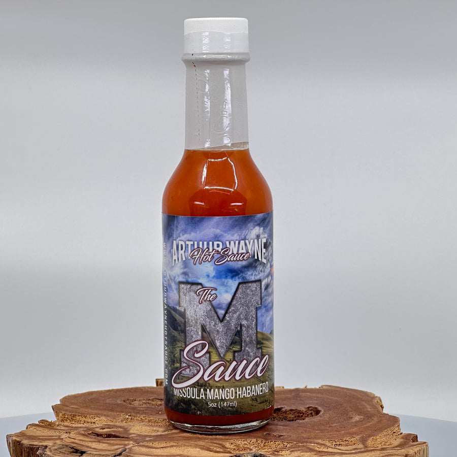 5 oz. Bottle of Missoula Mango Habanero Hot Sauce, with Habaneros, Red Fresno Peppers, and Mango, made in Montana by Arthur Wayne Hot Sauce
