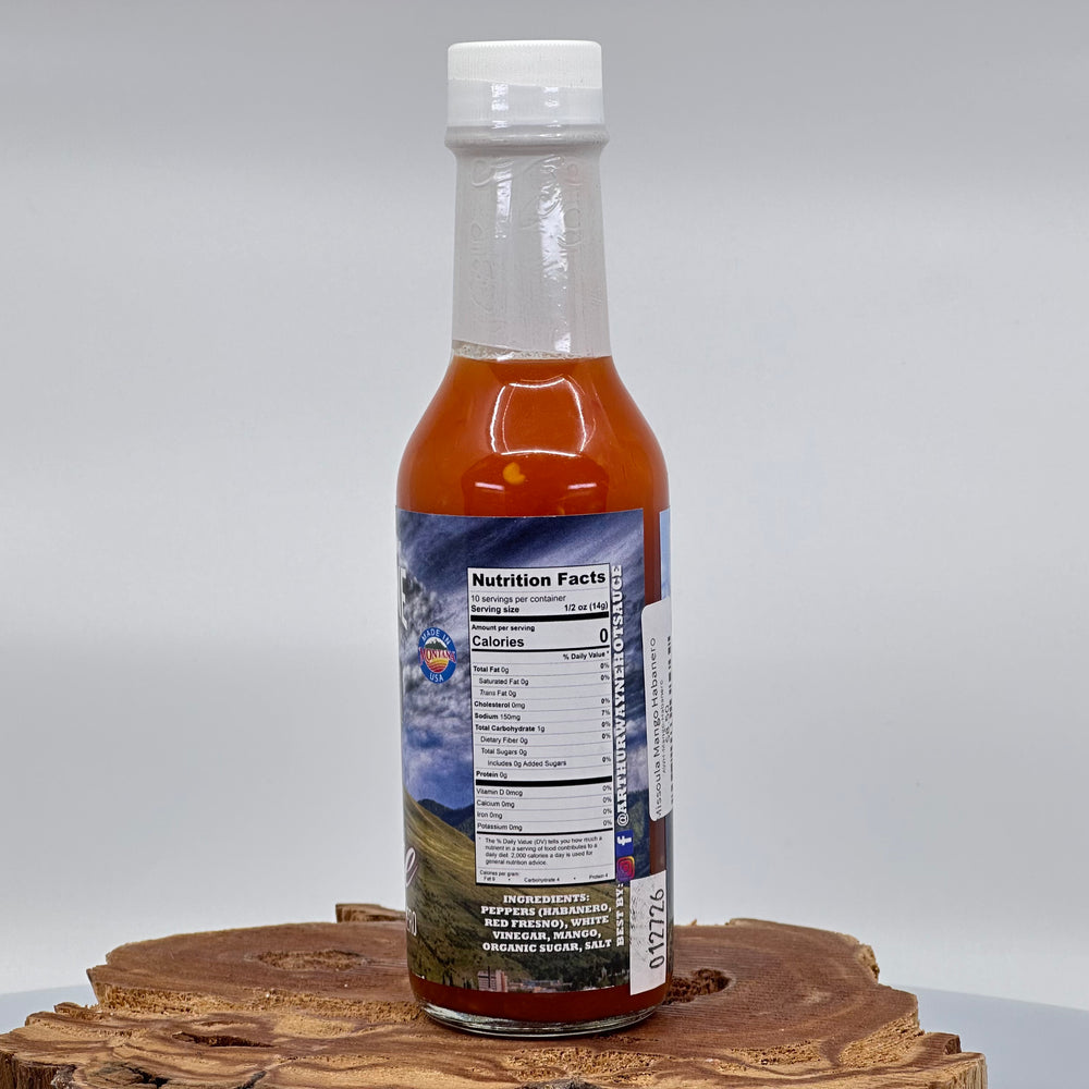 5 oz. Bottle of Missoula Mango Habanero Hot Sauce, with Habaneros, Red Fresno Peppers, and Mango, made in Montana by Arthur Wayne Hot Sauce